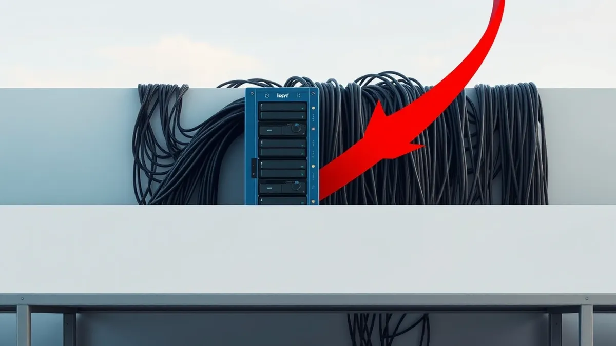 Illustration: A sleek blue server chassis sits on a metal shelf, its front panel featuring blank drive bays and muted status lights.