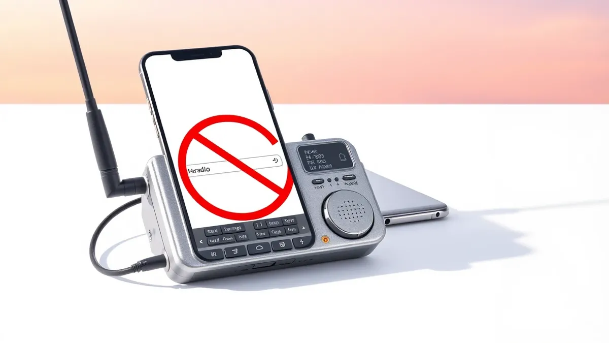 Illustration: A silver handheld transceiver with a black antenna sits on a white table next to a generic smartphone.