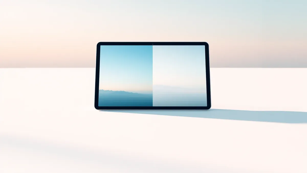 Illustration: A small tablet lies flat on a clean white surface, its screen split vertically into two distinct panels.