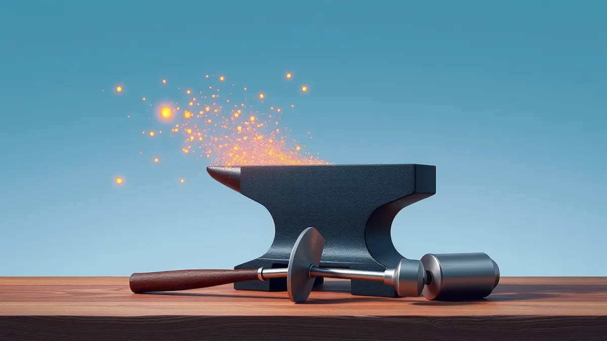 Illustration: A sleek black anvil sits on a wooden workbench, with glowing orange embers floating in the air around it like digital sparks.
