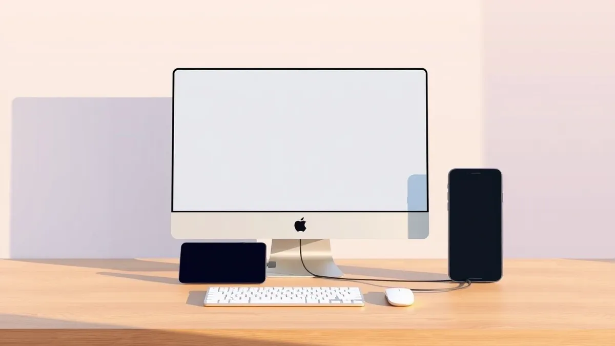 Illustration: A desktop computer sits on a clean wooden desk beside a modern smartphone.