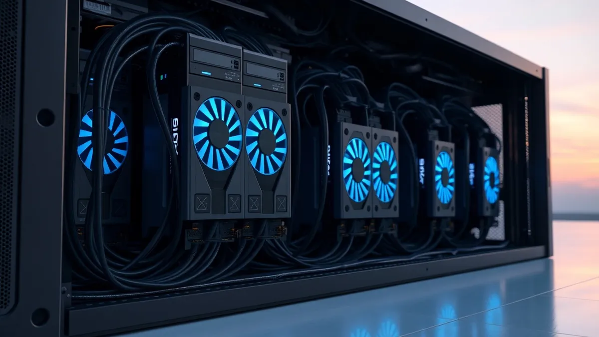 Illustration: A cluster of high-performance graphics cards glows with blue lights inside a dark server cabinet.