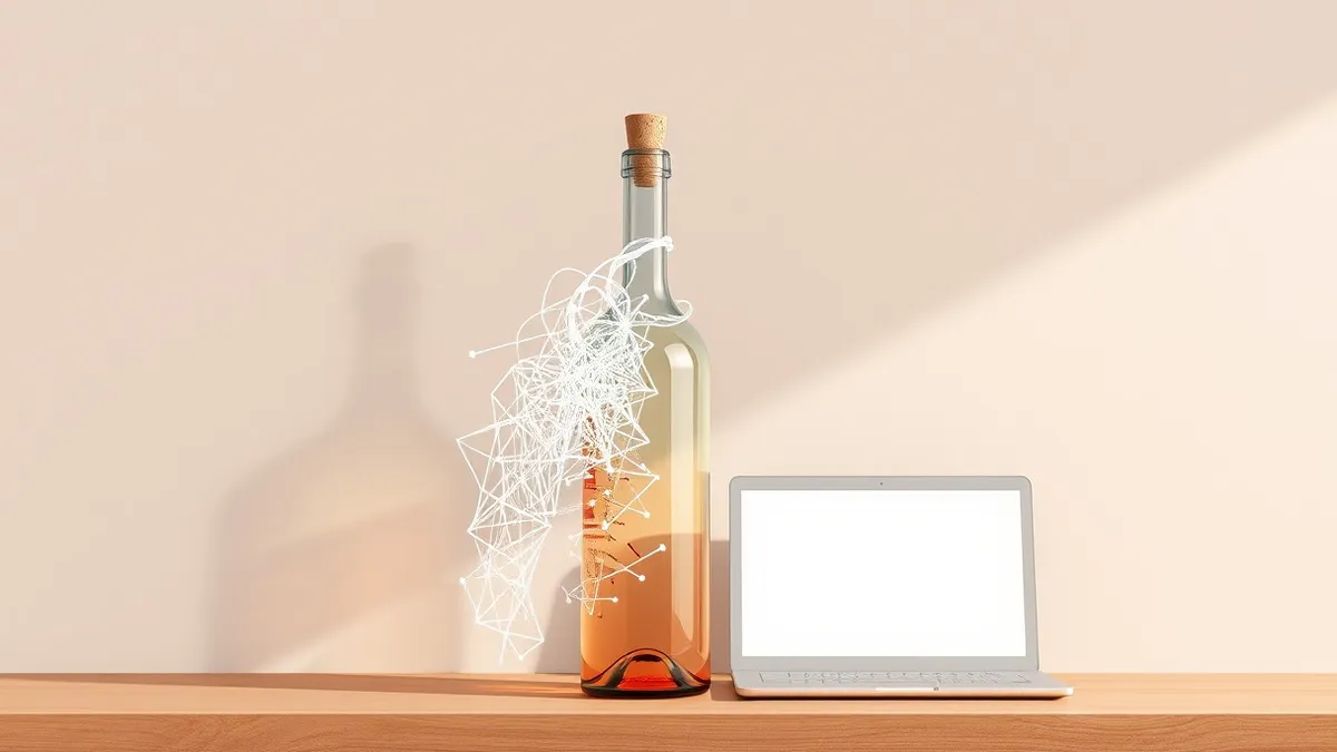 Illustration: A glass wine bottle sits on a wooden shelf, but its cork has been replaced by a tangled, translucent knot of white code.
