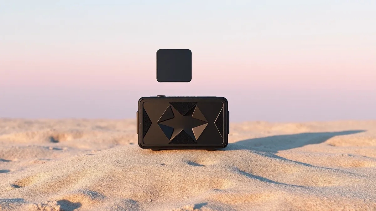 Illustration: A compact portable speaker sits on a textured surface, featuring a distinct geometric front panel.
