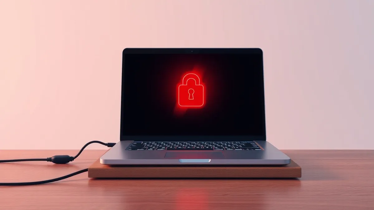 Illustration: A laptop computer sits closed on a wooden desk surface next to a power cable.