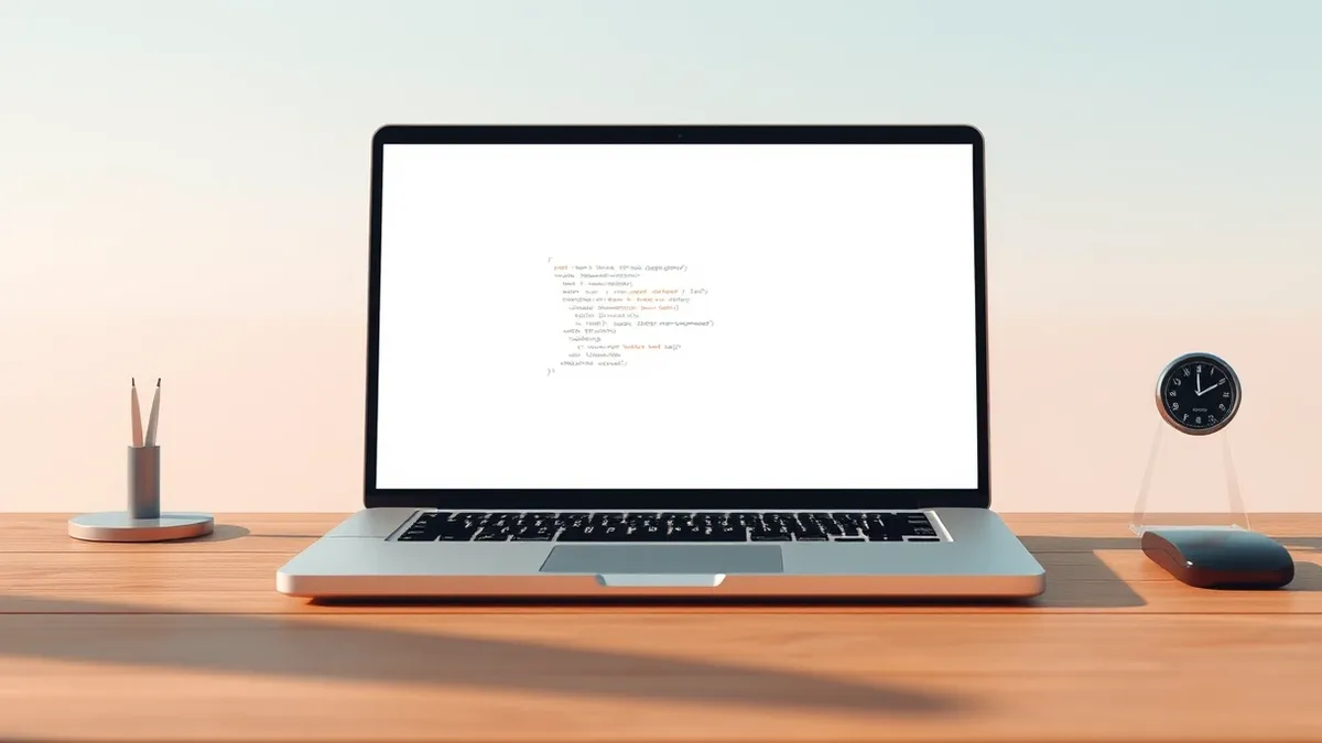 Illustration: A silver laptop rests on a wooden desk with its screen open.
