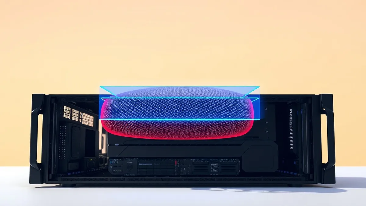 Illustration: A sleek black server blade sits inside an open chassis.