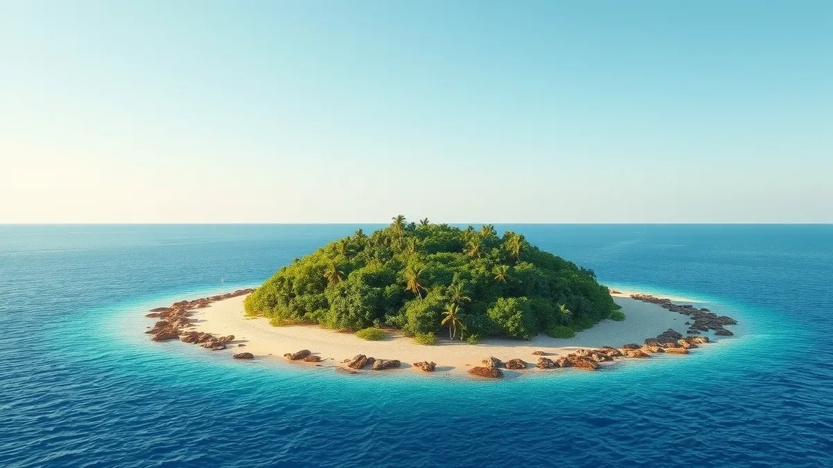 Illustration: A small tropical atoll island sits in warm blue water, its sandy shores protected by a vibrant coral reef.