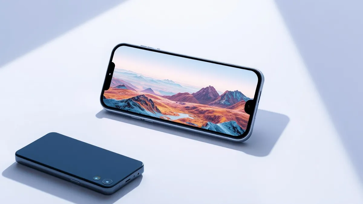 Illustration: A sleek smartphone rests on a clean desk, its screen displaying a vibrant, abstract landscape generated by artificial intelligence.