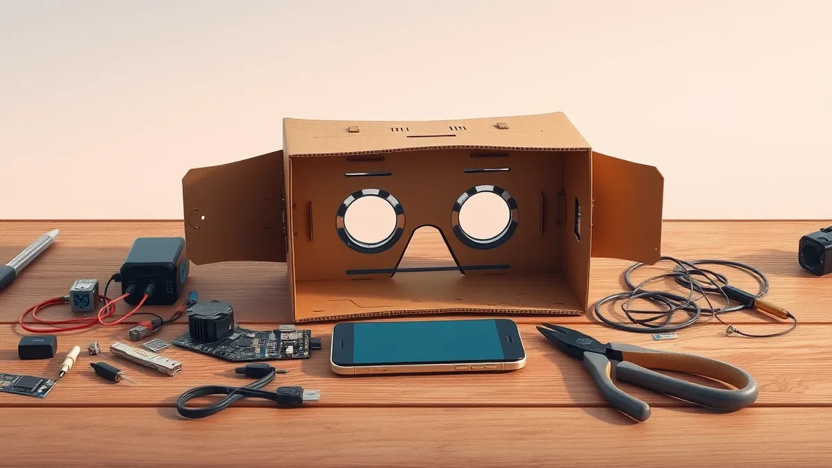 Illustration: A disassembled cardboard virtual reality headset sits on a wooden workbench, surrounded by loose circuit boards, small motors, and tangled wires.