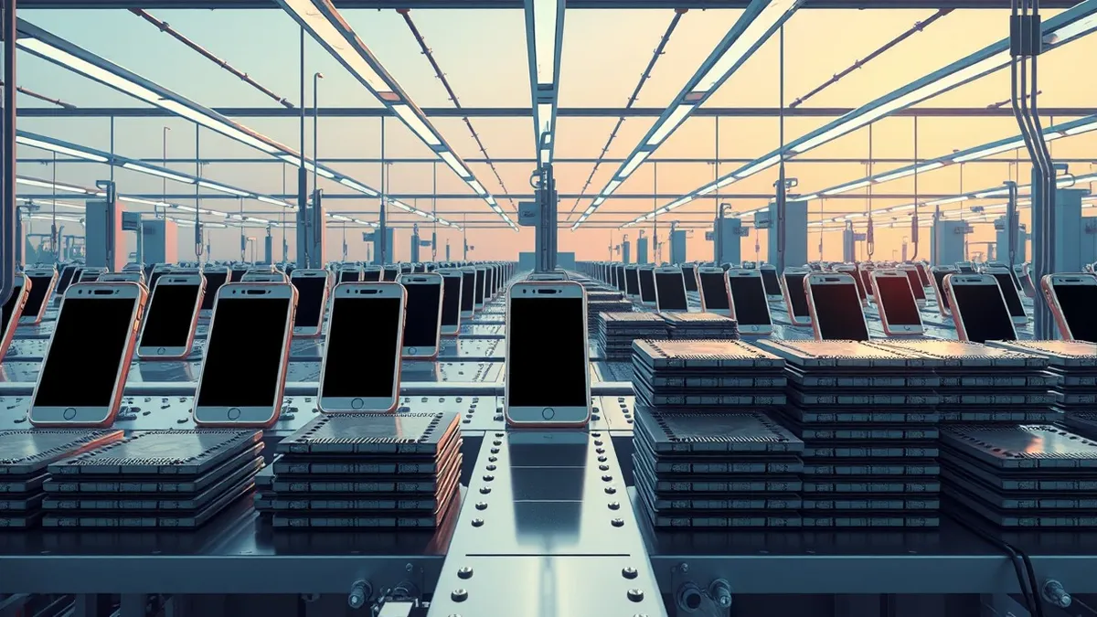 Illustration: A factory assembly line sits idle with empty slots where smartphones should be.