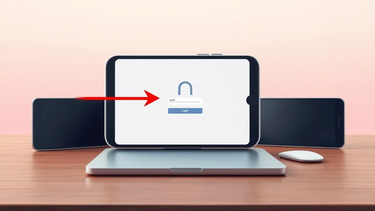 Illustration: A generic smartphone rests on a wooden desk, its screen displaying a blank, locked login interface.