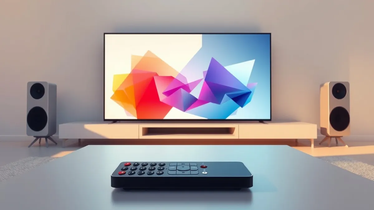 Illustration: A sleek media player remote rests on a coffee table beside a large television displaying abstract colorful geometric shapes.