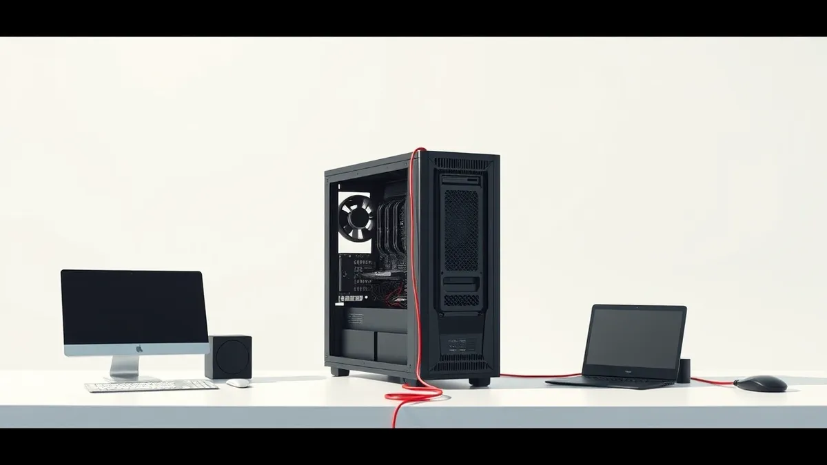 Illustration: A sleek black server tower sits isolated on a clean white desk, its side panel open to reveal intricate circuit boards and empty mounting slots.
