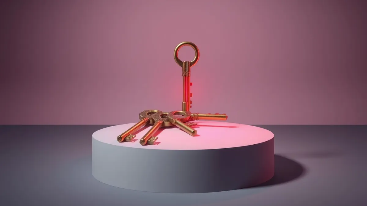 Illustration: A set of physical brass keys rests on a sleek, white cloud-shaped pedestal.