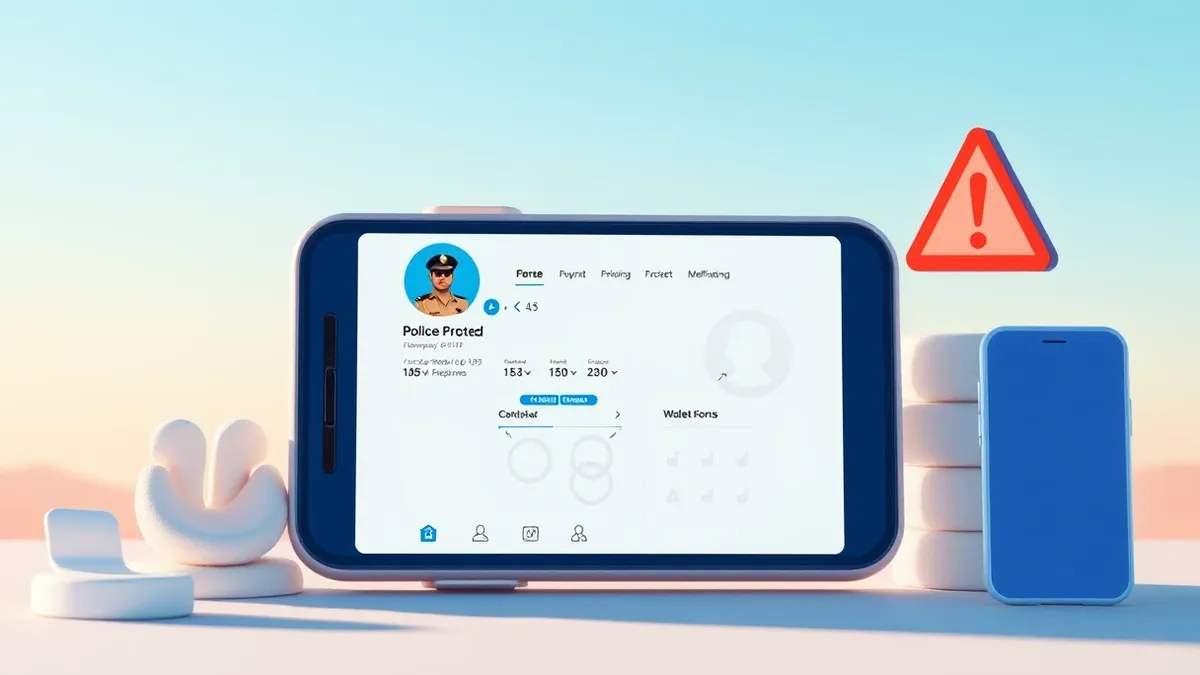 Illustration: A generic smartphone screen displays a social media interface with a blue verification badge and a police crest profile picture.