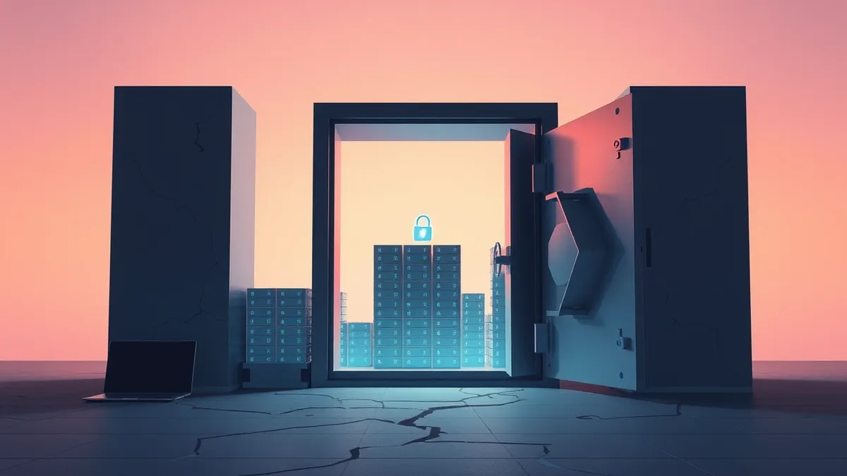 Illustration: A sleek digital vault door stands ajar, revealing stacks of glowing data blocks drifting out into the dark.