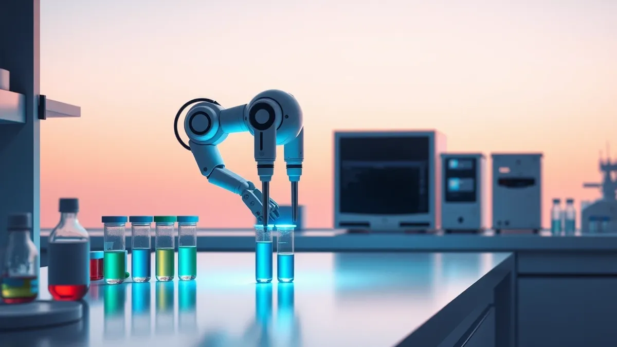 Illustration: A sleek laboratory workbench holds a robotic arm manipulating test tubes filled with colorful liquids.