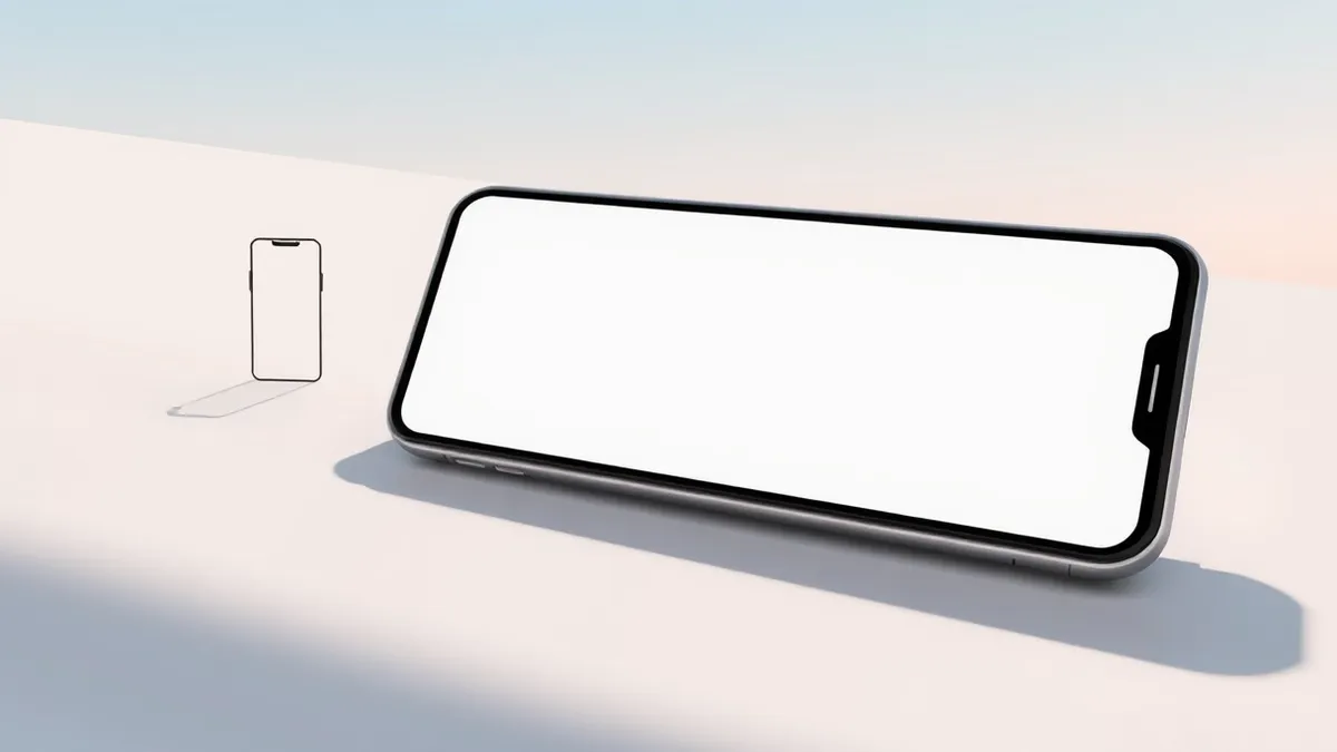 Illustration: A sleek smartphone rests on a matte table, its screen displaying a broad horizontal interface with abstract geometric shapes.