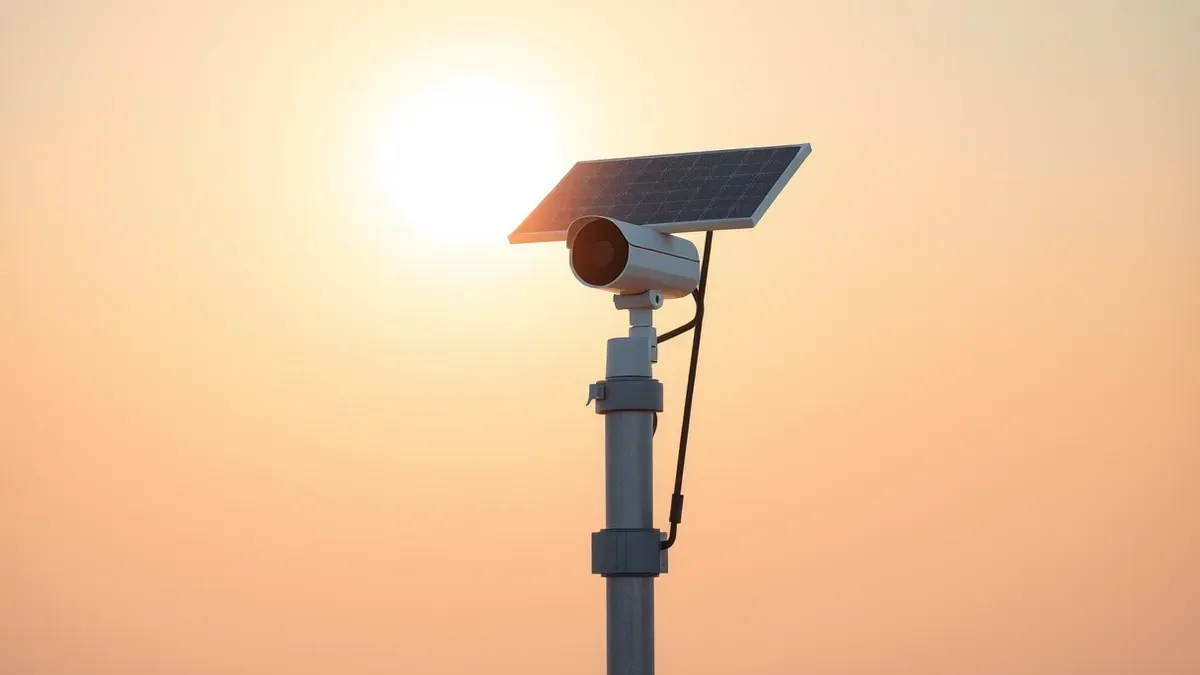 Illustration: A sleek outdoor security camera stands on a metal pole under a bright sun.