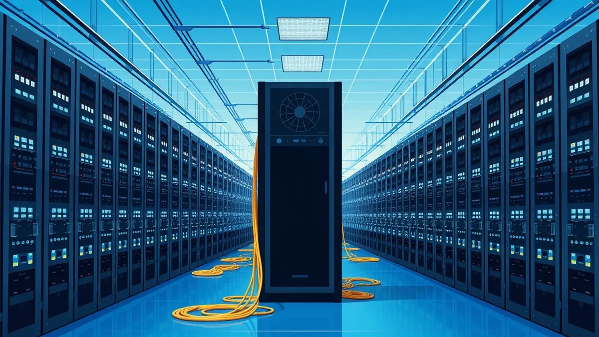 Illustration: A dense row of identical black server towers fills a cool blue data hall, their front panels glowing with tiny white status lights.