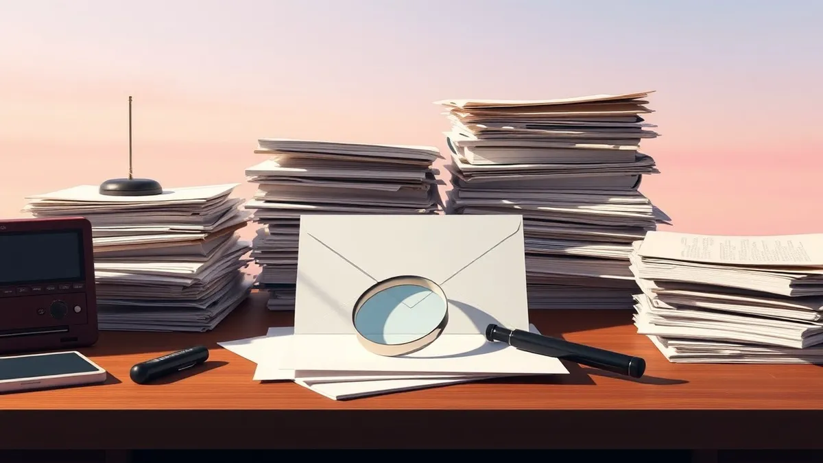 Illustration: A cluttered legal desk holds stacked paper files and a single open envelope.