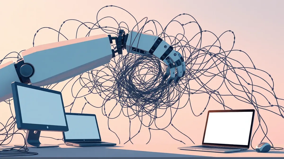 Illustration: An autonomous robotic arm reaches into a tangled web of unconnected digital threads, weaving them into a chaotic knot without human guidance, highlighting the hidden
