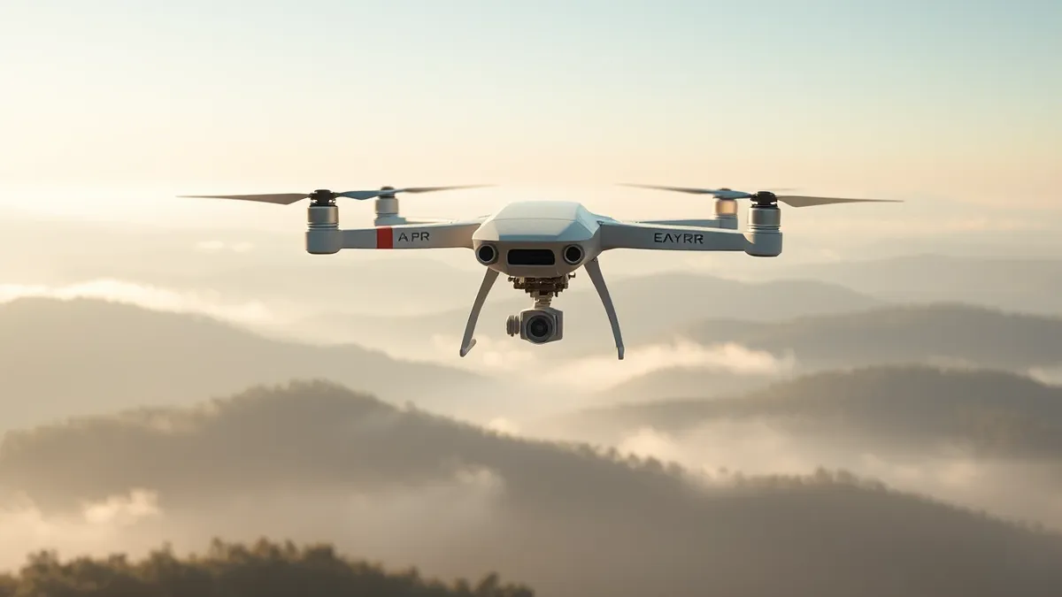 Illustration: A sleek autonomous drone hovers silently above a misty valley, its rotors spinning smoothly.