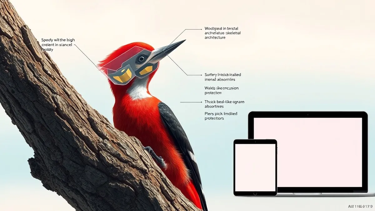Illustration: A bright red woodpecker pecks sharply into a rough tree trunk while a translucent, geometric helmet structure overlays its head.