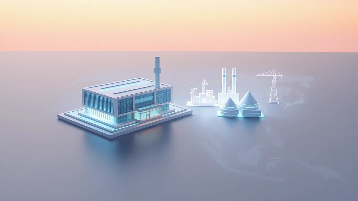Illustration: A sleek, modern architectural model of a university campus sits beside a stylized industrial factory icon on a blank digital map of the Asia-Pacific region.