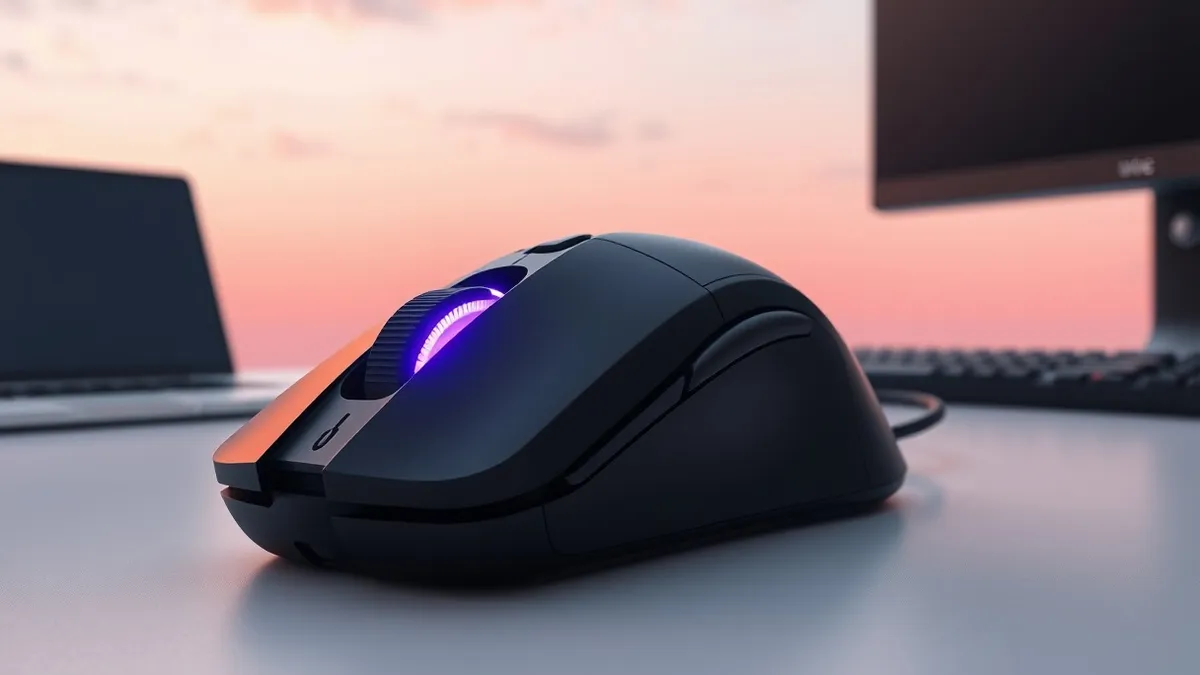 Illustration: A sleek black gaming mouse rests on a desk surface.