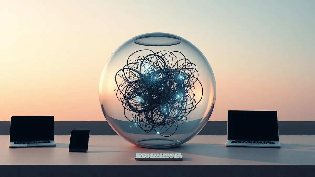 Illustration: An abstract network of glowing, erratic lines tangles into a chaotic knot inside a sleek, transparent glass sphere.
