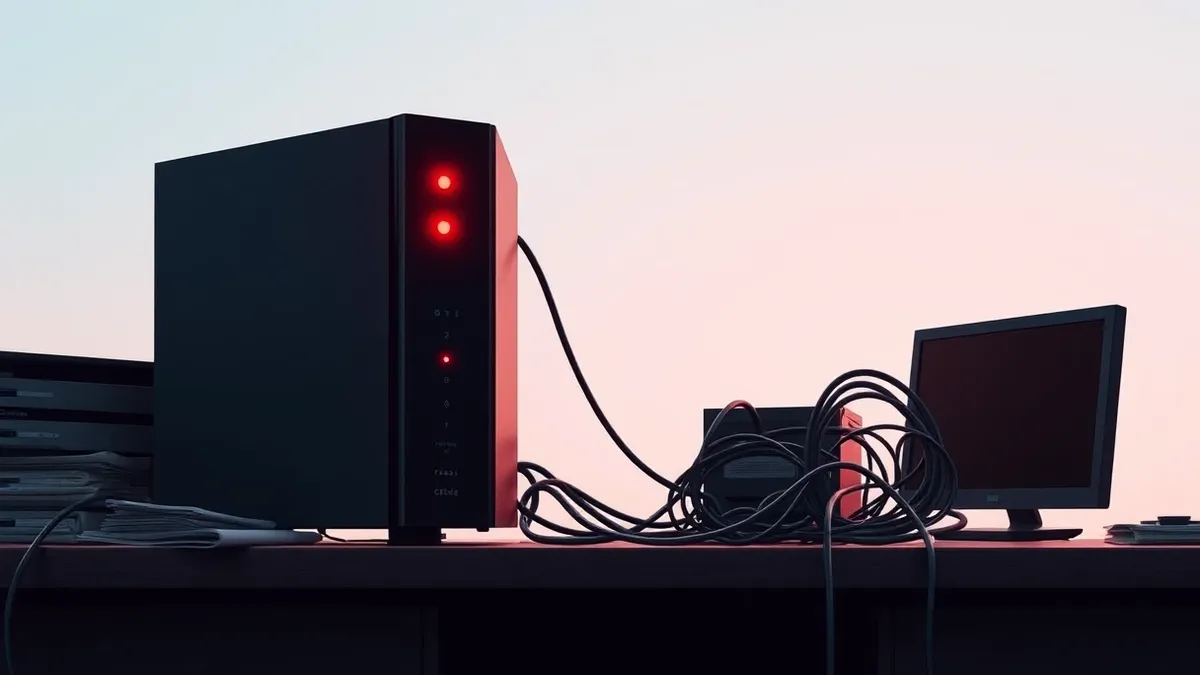 Illustration: A sleek black network firewall sits on a cluttered office desk, its status lights blinking red in warning.