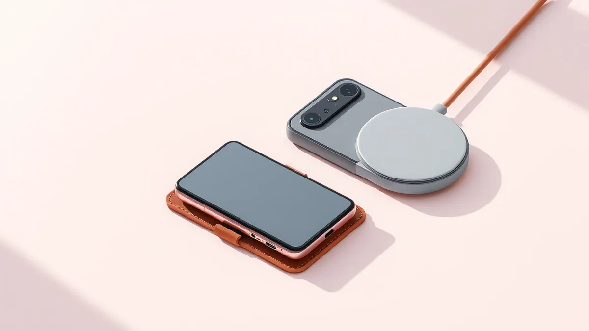Illustration: A flat-lay composition features a closed foldable smartphone resting beside a precisely cut leather case and a matching wireless charging pad.
