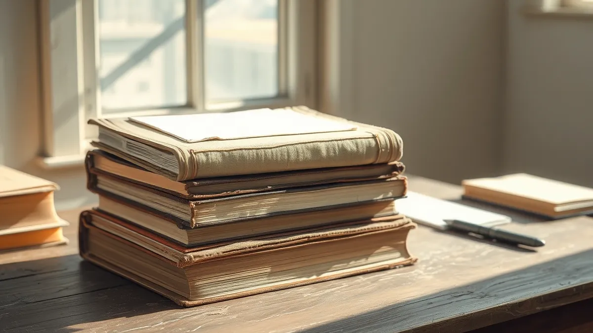 Illustration: A stack of old, worn-out books rests on a dusty wooden desk.