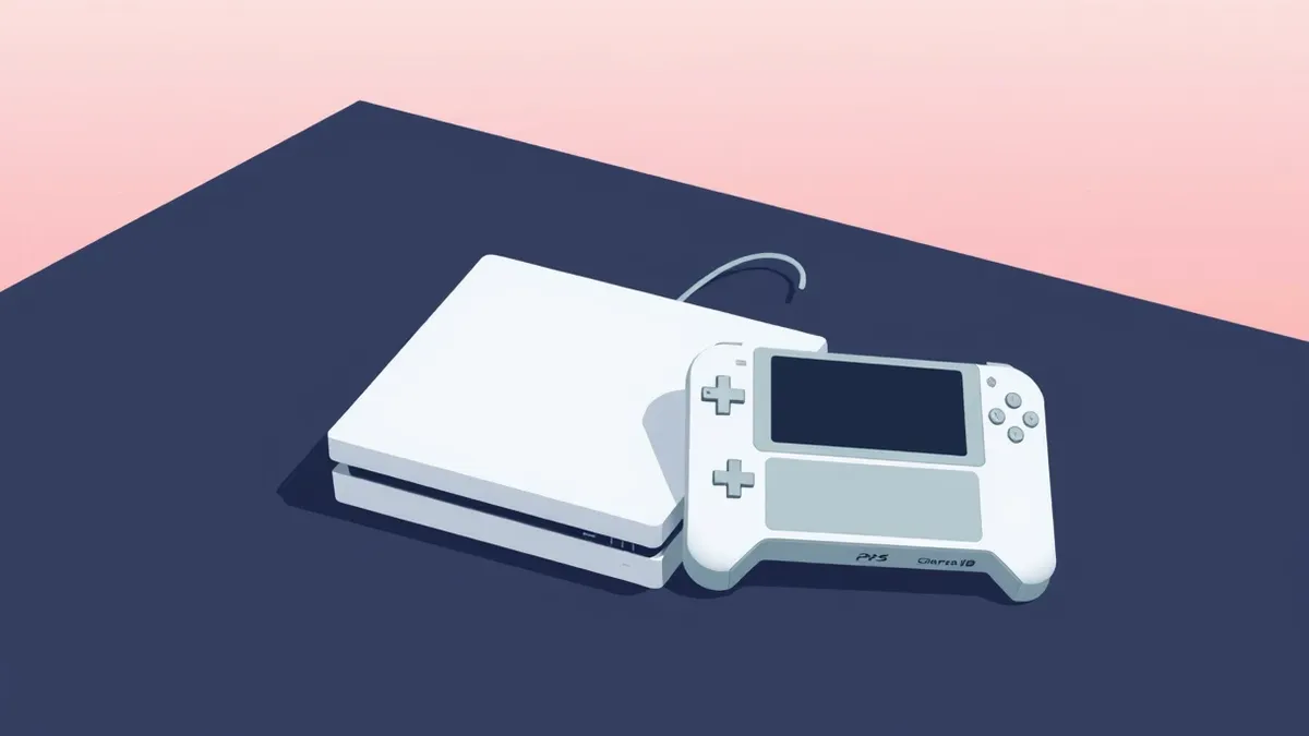 Illustration: A sleek, unbranded white gaming console rests on a dark surface beside a compact handheld device.