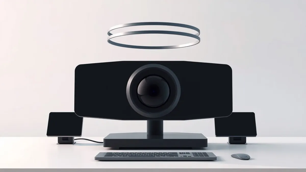 Illustration: A sleek black sensor hub sits on a clean white desk, its central lens pulsing with soft blue light.