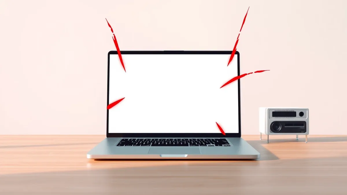 Illustration: A sleek silver laptop sits on a clean wooden desk with its screen displaying a blank white browser window.