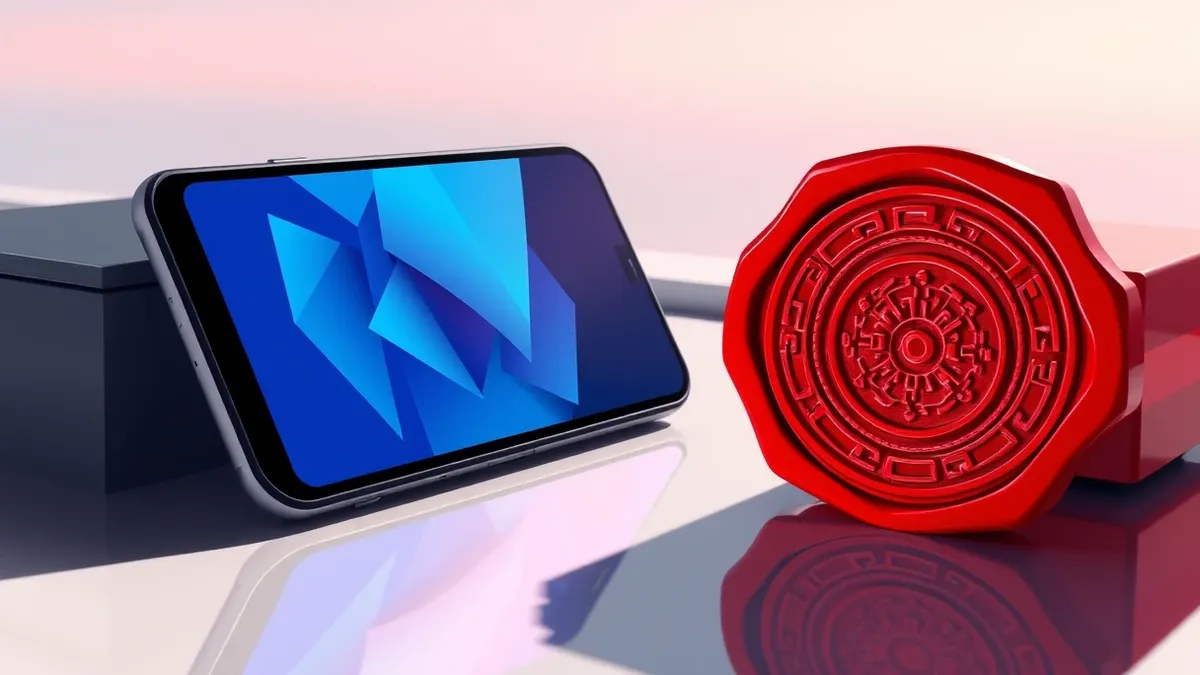 Illustration: A sleek black smartphone rests on a polished desk, its screen displaying abstract geometric shapes in cool blue tones.