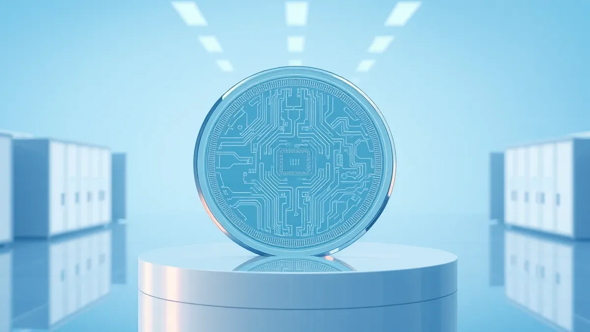 Illustration: A polished silicon wafer rests on a cleanroom pedestal, its surface reflecting the sterile blue light of the facility.