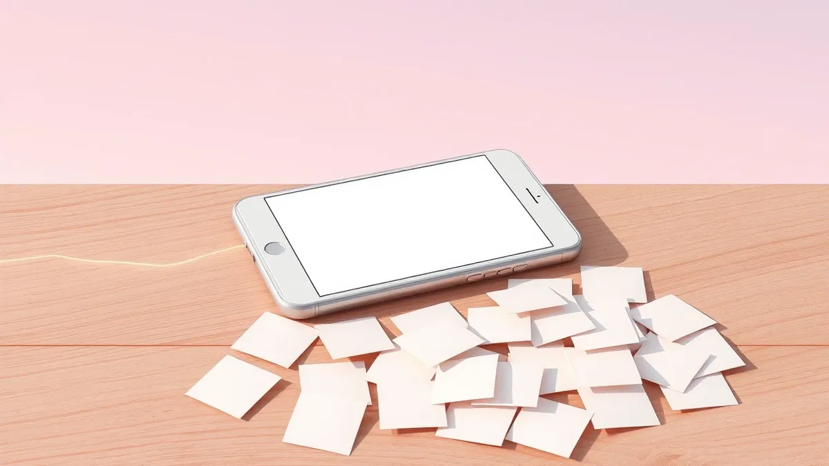 Illustration: A white smartphone rests on a wooden surface with a blank screen displaying a simple chat interface.