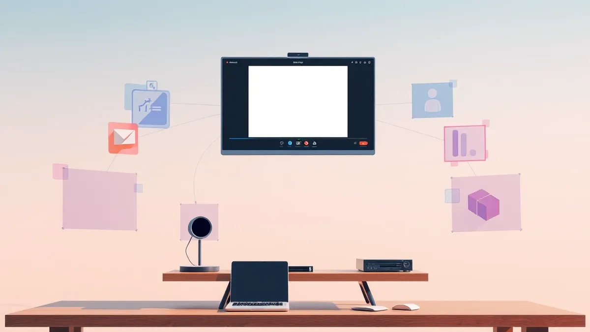 Illustration: A sleek video conferencing interface floats above a desk, with translucent streams of abstract data flowing from the screen into several distinct, colorful geometric