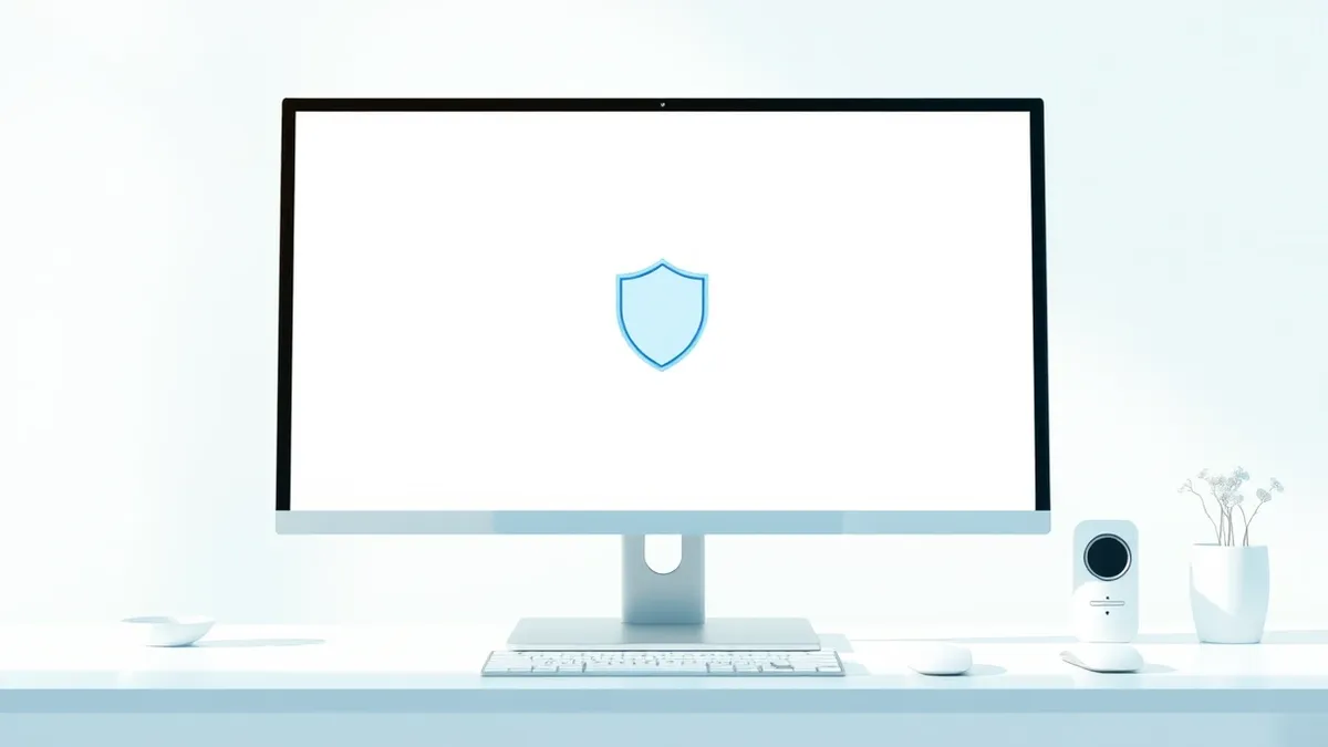 Illustration: A sleek Windows desktop monitor sits on a clean white desk.