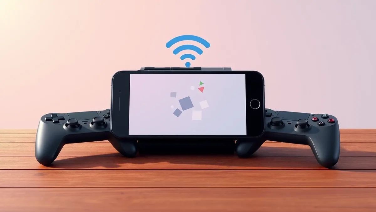 Illustration: A black smartphone rests on a wooden table alongside two small game controllers.