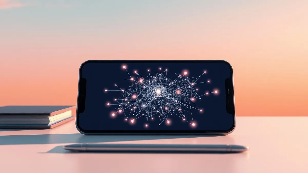 Illustration: A smartphone rests on a desk, its screen displaying a complex, swirling neural network visualization.
