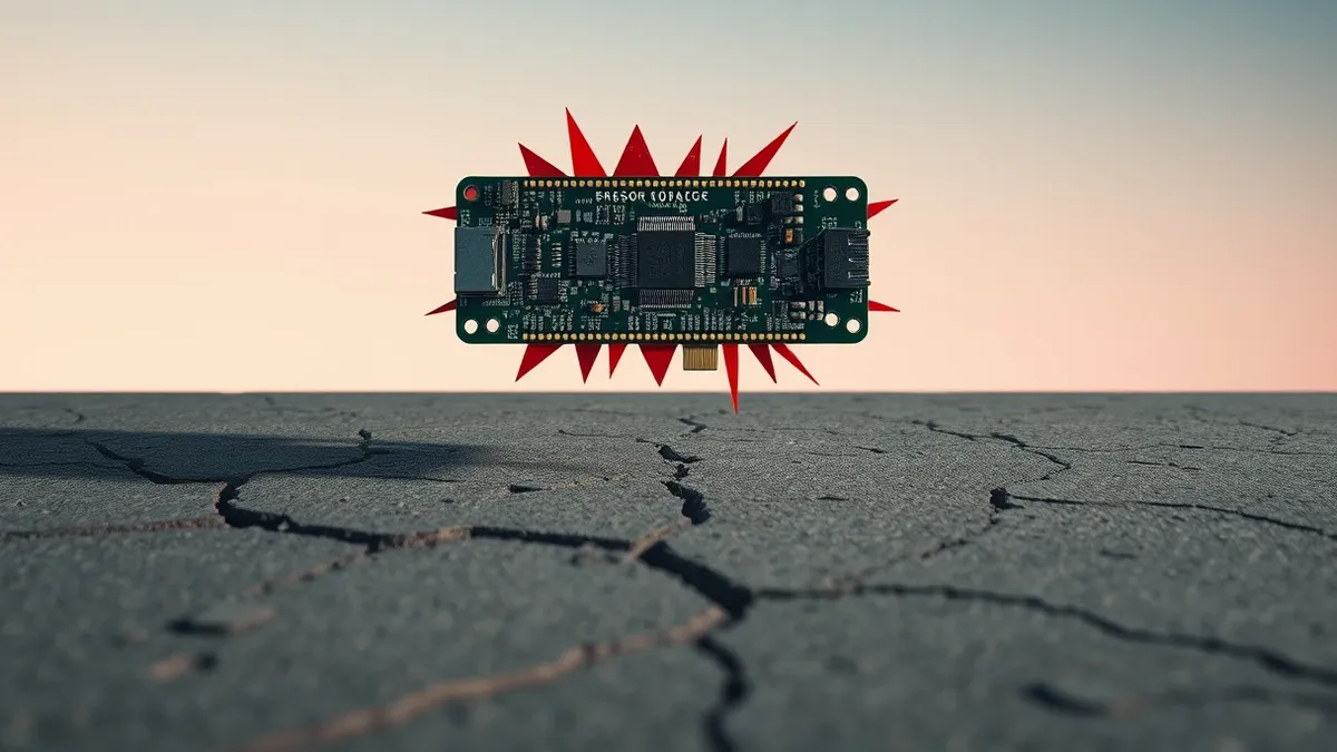 Illustration: A small circuit board with tiny electronic components floats above a cracked concrete surface.