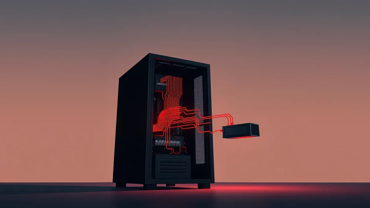 Illustration: A sleek black server tower stands in a dim room with its front panel open.