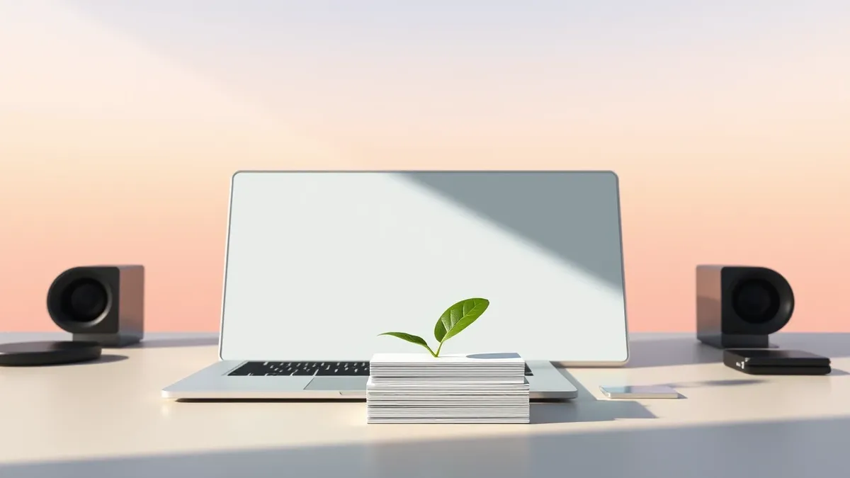 Illustration: A sleek office desk holds a blank laptop next to a single green leaf.