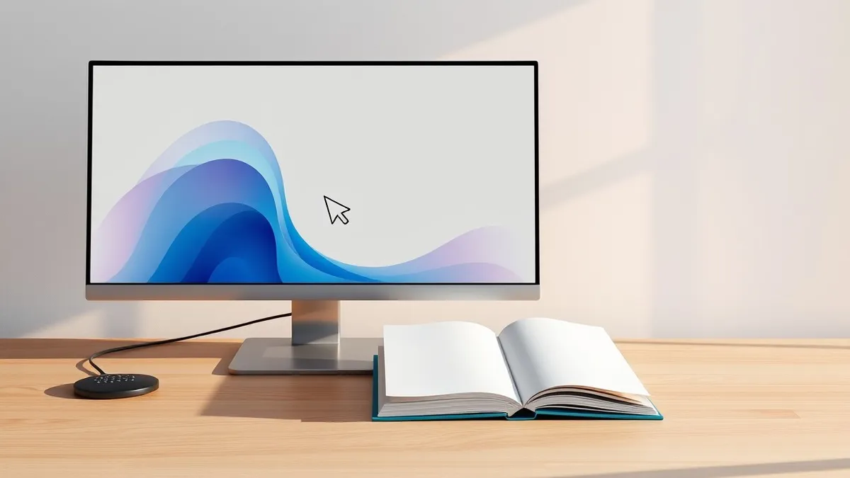 Illustration: A blank paperback book rests on a sleek wooden desk next to a modern desktop computer monitor.