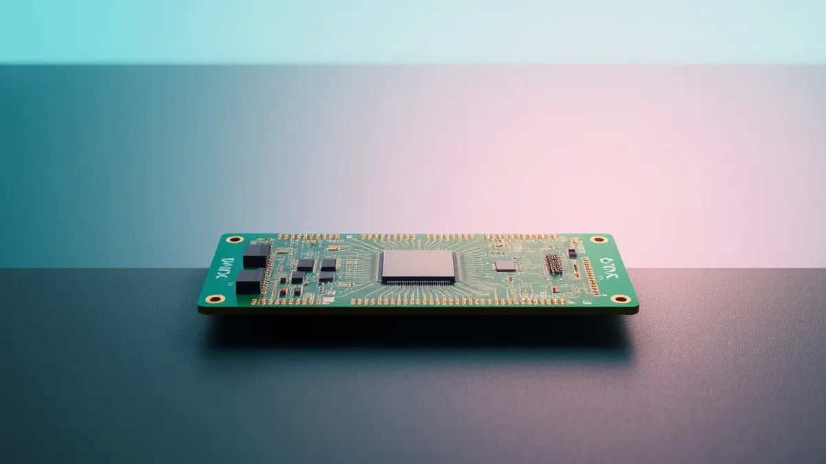 Illustration: A bare circuit board rests on a dark surface.